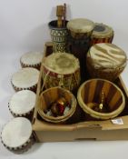 Collection of ethnic drums and miscellanea in one box Condition Report <a