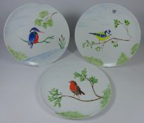 Three matching signed hand painted porcelain plates depicting Kingfisher,