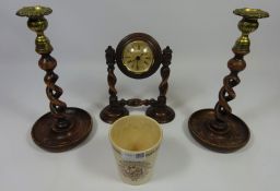Oak barley twist clock and a pair of matching candle sticks and a Victorian Scarborough beaker