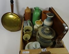 Old stoneware bottle, studio pottery, copper warming pan,