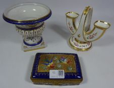 Dresden hand painted campana type vase, continental porcelain box with gilt metal decoration,