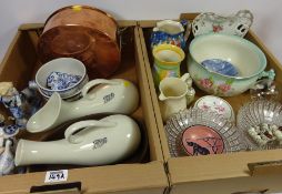 Five Beswick cat musicians, two pottery 'Boots Chemist' urinal bottles, copper pan,