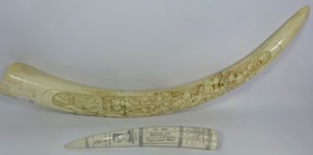 Large Chinese resin carving in the form of a tusk and a smaller Scrimshaw type sculpture (2)