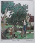 'Gathering Apples', hand coloured etching with aquatint artist's proof no.