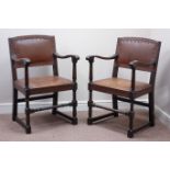 Pair early 20th century oak armchairs with upholstered seats and backs Condition Report