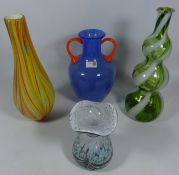 Venetian style coloured glass vases and a twin handled glass vase (4) Condition Report