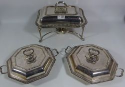 Silver plated warming dish on stand retailed by Harrods of London and a pair of silver plated