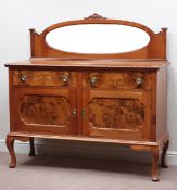 20th century walnut and figured walnut sideboard, two cupboards and two drawers, W137cm, H138cm,