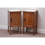 Pair Edwardian oak bedside cabinets with inset glass tops, W41cm, H77cm,