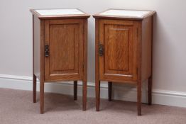 Pair Edwardian oak bedside cabinets with inset glass tops, W41cm, H77cm,