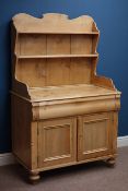 Victorian pine dresser single drawer and double cupboard, with raised two tier plate rack, W96cm,