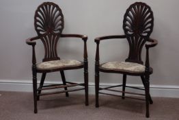 Pair Victorian walnut kidney shaped seat armchairs,