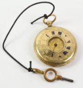 Late 19th century Swiss gold key wound fob watch by Marchand a Geneve tested to18ct approx 30.