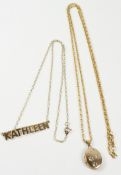 Hallmarked 9ct gold locket on chain and a gold 'Kathleen' necklace stamped 9ct approx 7.