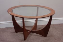 G-Plan teak circular coffee table fitted with inset glass top, D84cm,