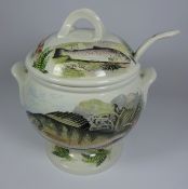 Portmeirion 'Compleat Angler' pattern Soup Tureen, Cover and Ladle decorated with fish,