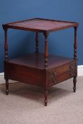 Reproduction mahogany square two tier side table with inset leather top and drawer, 52cm x 52cm,