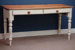Victorian painted pine two drawer console table with polished pine top, W152cm, H77cm,
