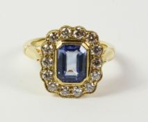 Sapphire and diamond cluster gold ring hallmarked 18ct (sapphire approx 1.