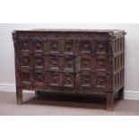 Indian Rajasthan heavily carved hardwood vernacular cabinet, W144cm, H104cm,