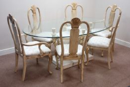 Italian style cream and gilt urn base dining table with oval glass top (195cm x 110cm, H76cm),