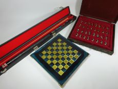 Chess set with cast metal Greek figures and a spider-man pool cue Condition Report