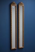 Pair narrow gilt framed bevelled edge wall mirrors, W18cm,