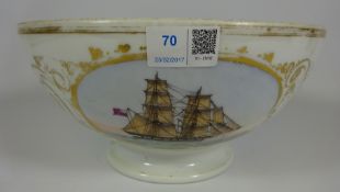 19th Century pedestal bowl hand painted with a ship and gilt decoration,