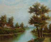 River Landscape with Cottages,