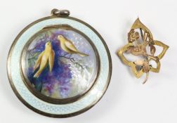 Swiss silver gilt & enamel locket/compact stamped Geneve 935 and an Edwardian naturalistic brooch