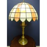 Large brass table lamp in the form of a candle holder with leaded glass shade (af) H90cm approx