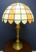 Large brass table lamp in the form of a candle holder with leaded glass shade (af) H90cm approx