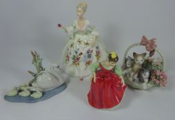 Two Royal Doulton figurines and two Lladro animal group figures (4) Condition Report