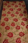 Pair lined curtains, gold with red and green floral decoration, W226cm,