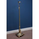 20th century brass standard lamp, hexagonal platform base with three claw feet,