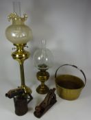 Two brass oil lamps, jam pan, burner and Record No.