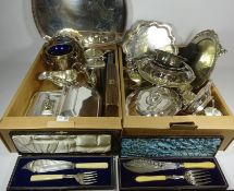 Silver plated trays, bacon dishes, pair of wine bottle coasters,