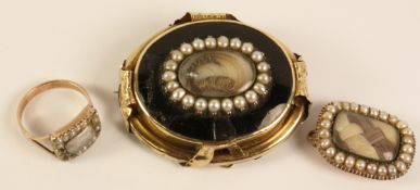 Victorian mourning gold and black enamel brooch inset with hair and seed pearls in pearl surround