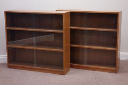 Pair mid 20th century oak bookcases with sliding glass doors, W91cm, H86cm,
