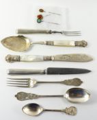 Pair of silver fish servers with mother of pearl handles Sheffield 1900, christening spoon and fork,