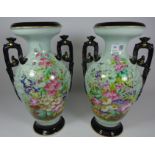 Pair of late 19th Century continental urn shaped vases with hand painted decoration,