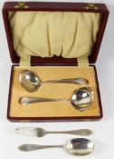 Pair of hallmarked silver sauce ladles cased and a christening spoon and fork approx 4oz