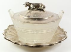 Early Victorian cut glass butter dish with recumbent cow silver lid and silver dish base by