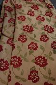 Pair lined curtains, gold with red and green floral decoration, W160cm,