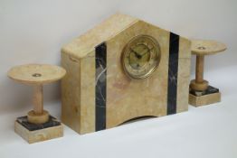 Art Deco period French marble three piece clock garniture,