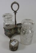 Late Victorian Mappin Brothers cut glass pickle jars in silver plated holder and an metal work axe