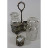 Late Victorian Mappin Brothers cut glass pickle jars in silver plated holder and an metal work axe