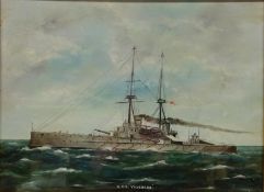 'H.M.S Vanguard', ship portrait oil on board unsigned 28.