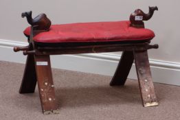 Eastern hardwood camel saddle stool with upholstered leather cushion,