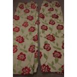 Pair lined curtains, gold with red and green floral decoration, W210cm,